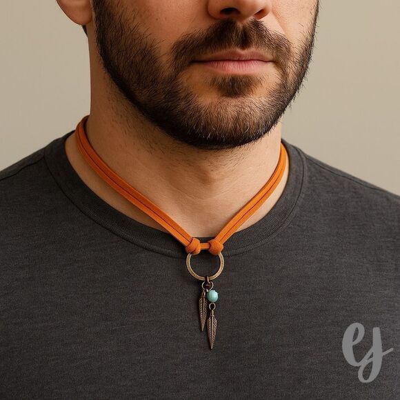 Men’s Double Strand Faux Suede Necklace with Feather Charms and Turquoise Bead - Picture 1 of 10
